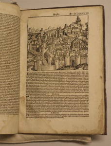 Photograph of a page from the Nuremberg Chronicle about Scotland.
