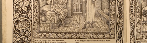 Cropped photograph of illustrated page of Kelmscott Chaucer F308
